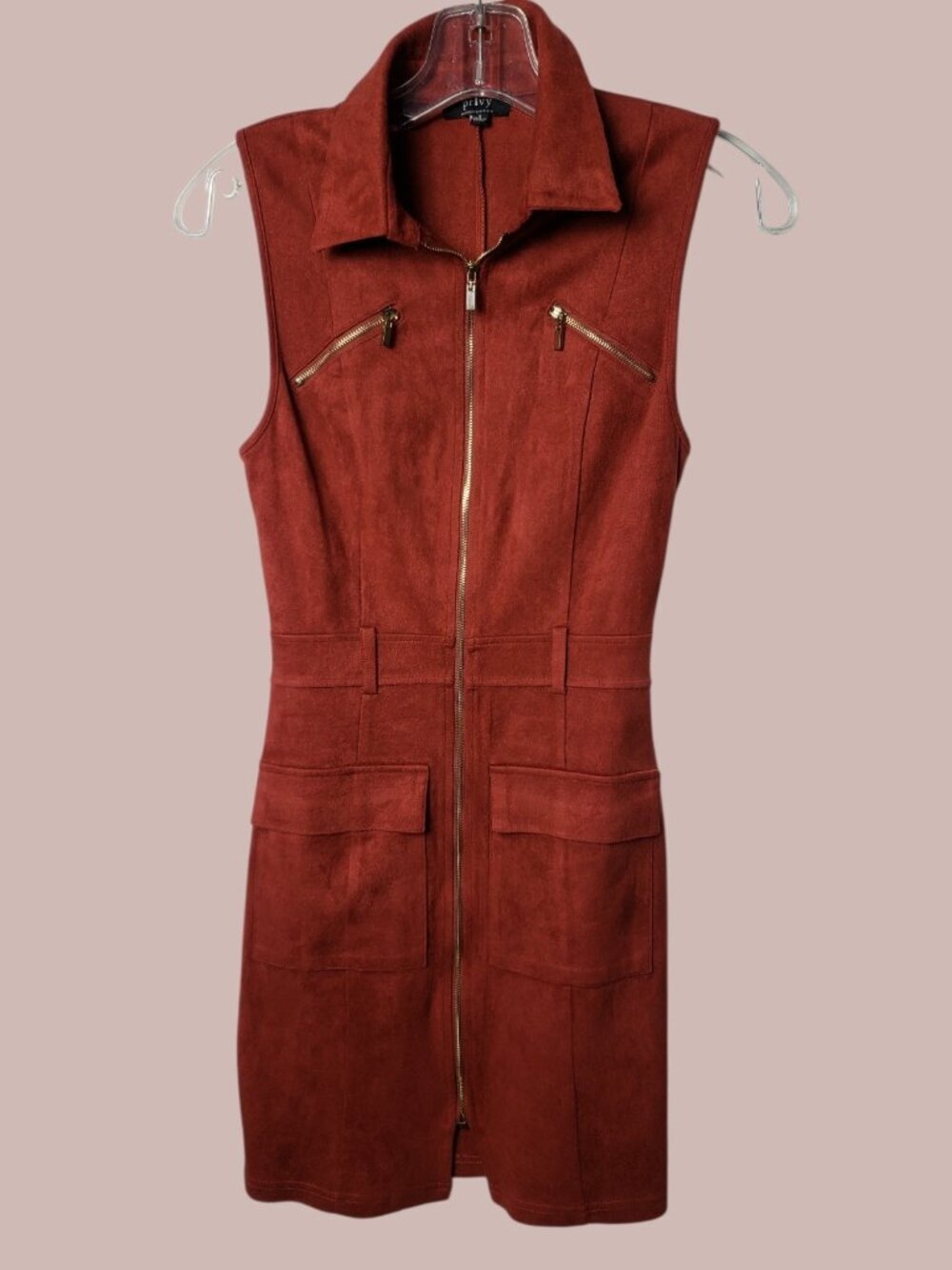 Privy Womens Sleeveless Suede Zip-Up Vest Dress W/Pockets Red Rust Small - Picture 2 of 12